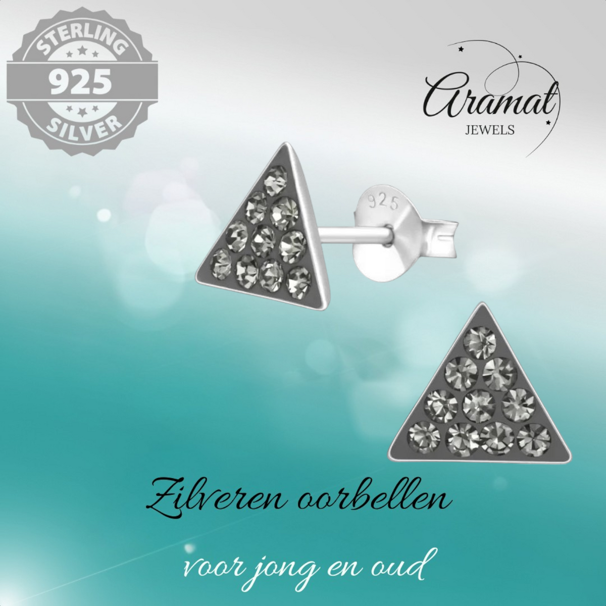 Zilveren Kristallen Oorbellen driehoek Black Diamond