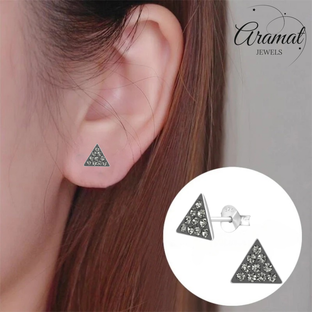 Zilveren Kristallen Oorbellen driehoek Black Diamond
