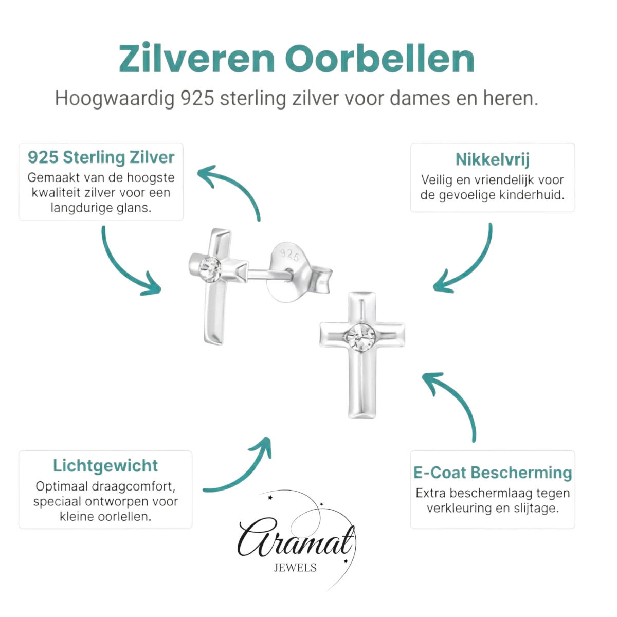 Zilveren Kruis Kristal Oorstekers - 8mm - 925 Zilver - Aramat Jewels - Oorbellen - cadeautip