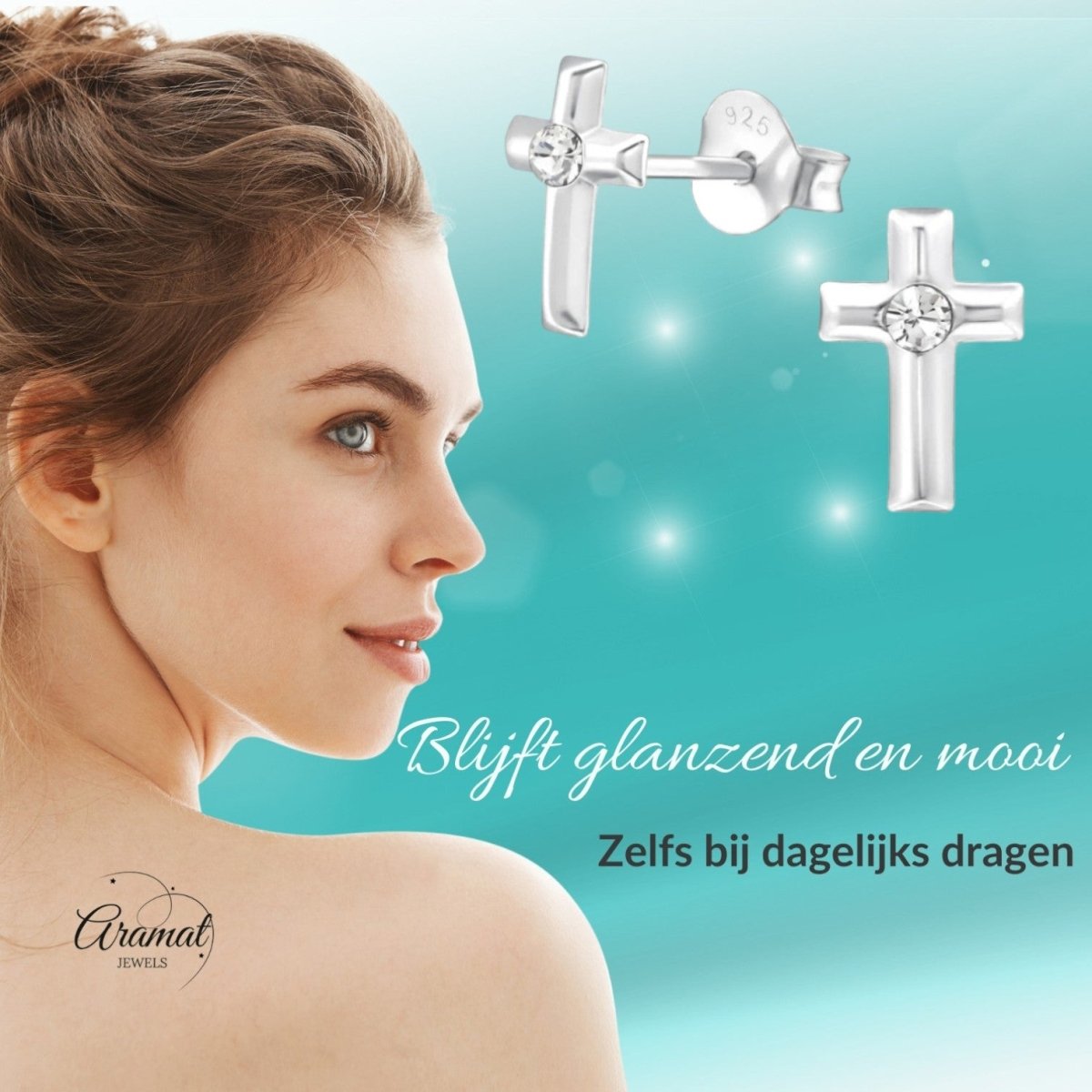 Zilveren Kruis Kristal Oorstekers - 8mm - 925 Zilver - Aramat Jewels - Oorbellen - cadeautip