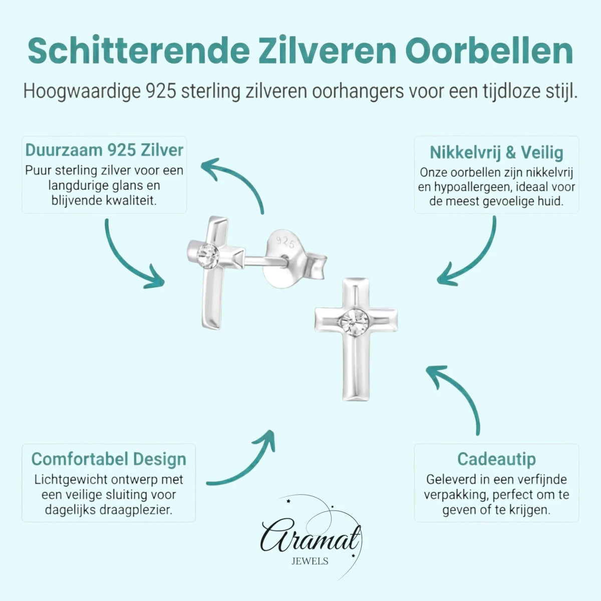 Zilveren Kruis Kristal Oorstekers - 8mm - 925 Zilver - Aramat Jewels - Oorbellen - cadeautip