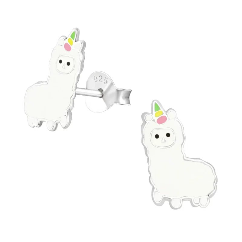 Witte lama-unicorn (llamacorn) oorbellen met kleurrijke hoorn details.