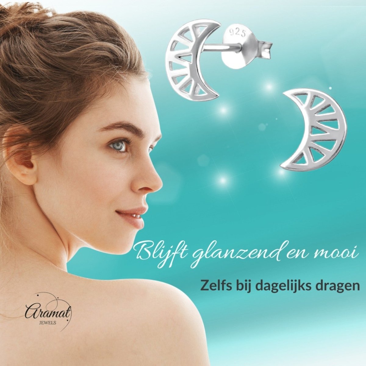 Zilveren Maan Oorbellen opengewerkt - 8x7mm - Aramat Jewels - Oorbellen - cadeautip