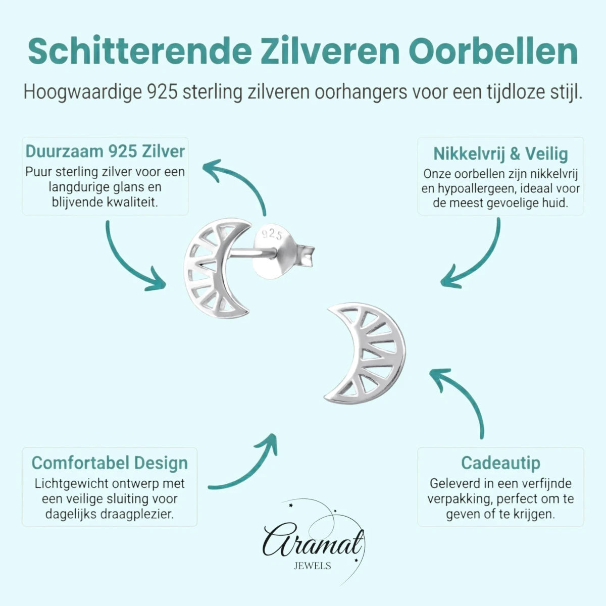 Zilveren Maan Oorbellen opengewerkt - 8x7mm - Aramat Jewels - Oorbellen - cadeautip