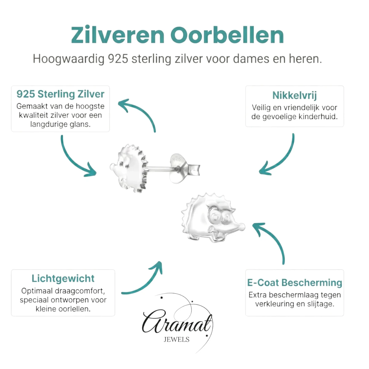Zilveren Oorbellen Egel - Gladde Oorstekers - Aramat Jewels - Oorbellen - cadeautip