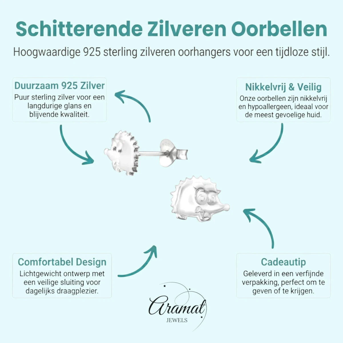 Zilveren Oorbellen Egel - Gladde Oorstekers - Aramat Jewels - Oorbellen - cadeautip
