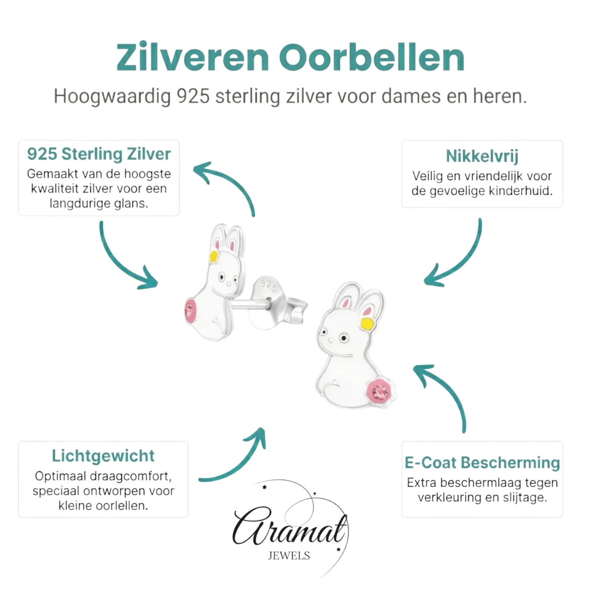 Zilveren Oorbellen Konijn - Wit Emaille - Aramat Jewels - Oorbellen - cadeautip