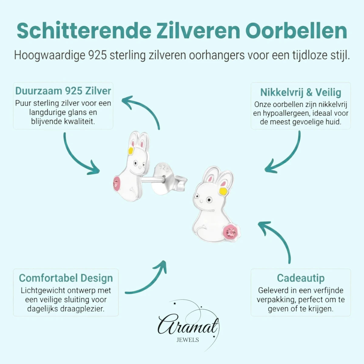 Zilveren Oorbellen Konijn - Wit Emaille - Aramat Jewels - Oorbellen - cadeautip