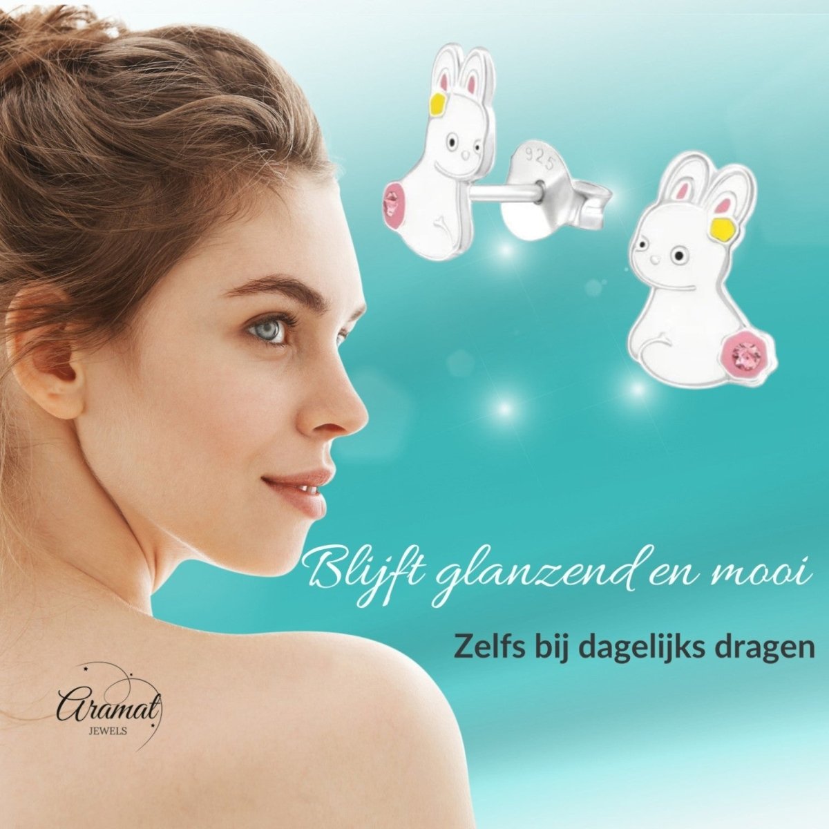 Zilveren Oorbellen Konijn - Wit Emaille - Aramat Jewels - Oorbellen - cadeautip