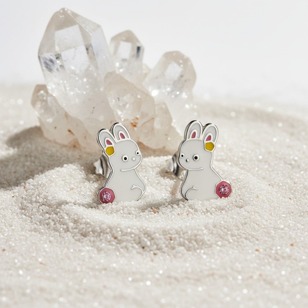 Zilveren Oorbellen Konijn - Wit Emaille - Aramat Jewels - Oorbellen - cadeautip
