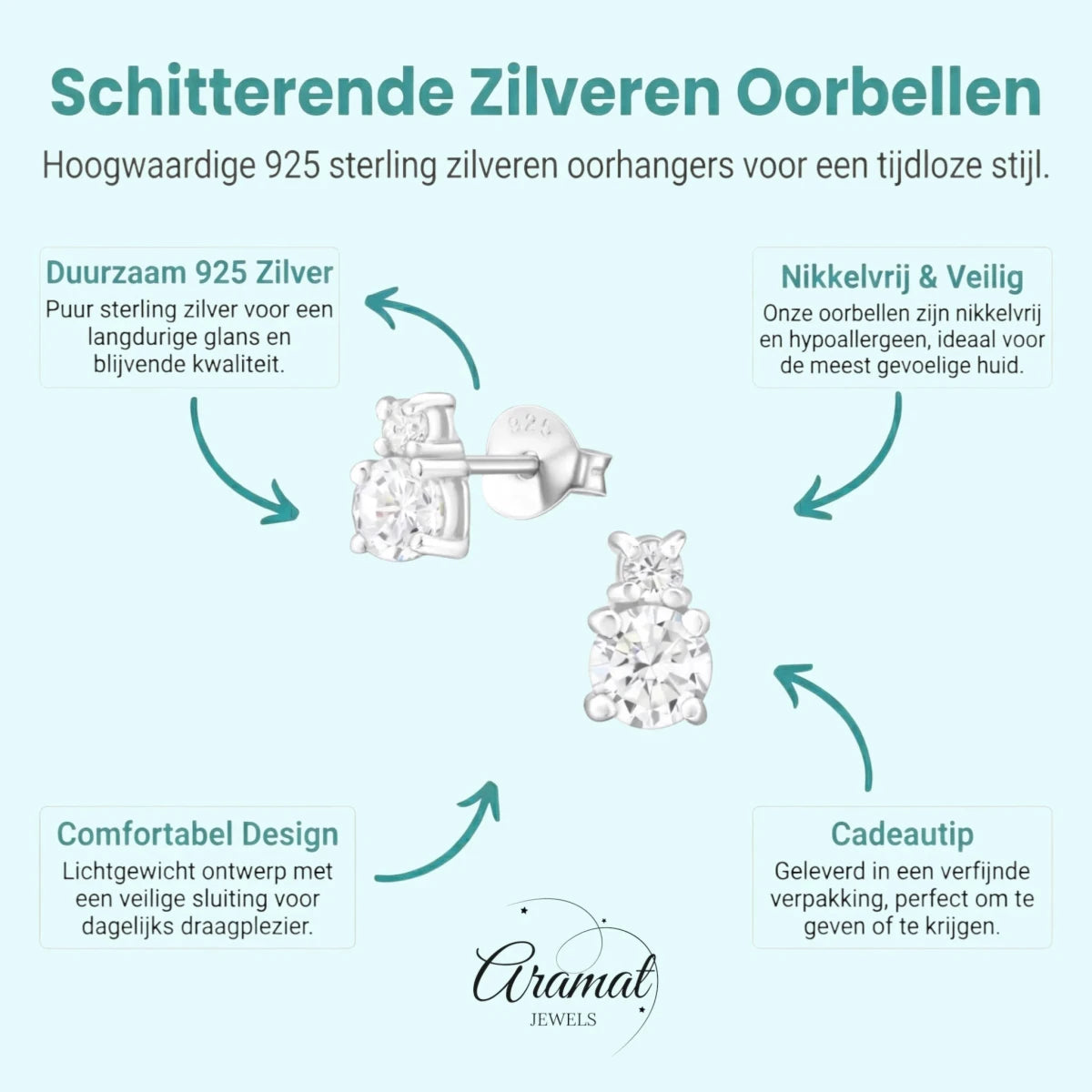 Zilveren Oorbellen met Zirkonia Steentjes - Aramat Jewels - Oorbellen - cadeautip