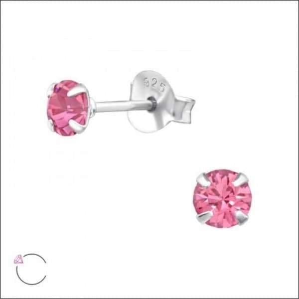 Roze Kristal Oorstekers Met 4mm Zilveren Oorbellen