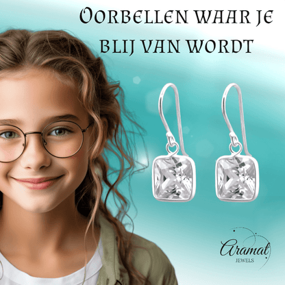 Zilveren Oorhangers met Vierkante Zirkonia - 20mm - oor1161 - 23938 - Oorhangers kopen# - 20mm - 925 Zilver