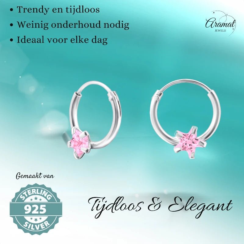 Zilveren Oorringen met Ster Zirkonia - Roze - 10mm - oor500 - 13870 - Oorringen kopen# - 10mm - 925 Zilver