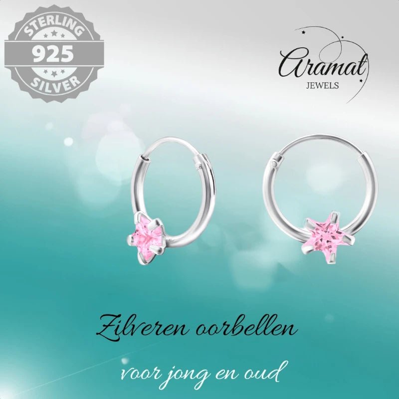 Zilveren Oorringen met Ster Zirkonia - Roze - 10mm - oor500 - 13870 - Oorringen kopen# - 10mm - 925 Zilver