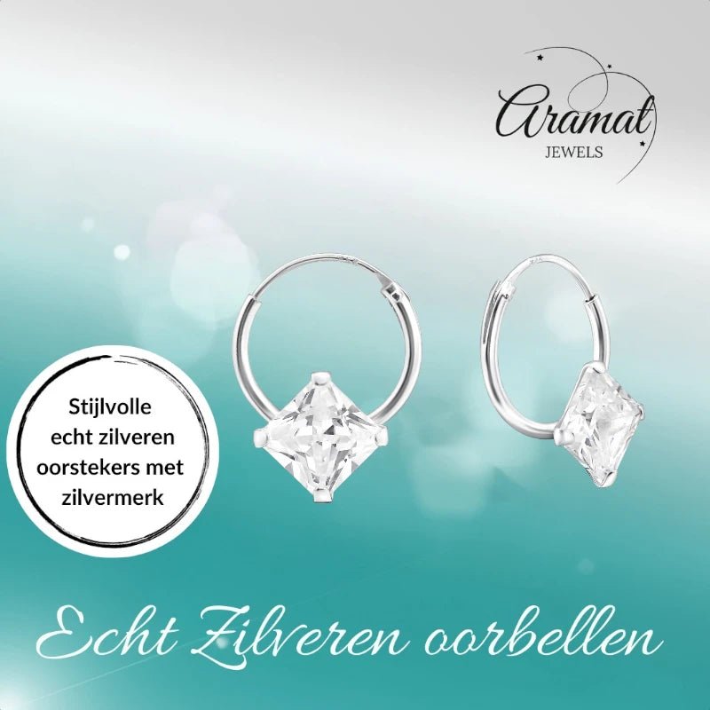 Zilveren Oorringetjes - Vierkante Zirkonia - 12mm - oor471 - 13865 - Oorringen kopen# - 12mm - 925 Zilver