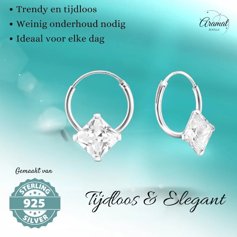 Zilveren Oorringetjes - Vierkante Zirkonia - 12mm - oor471 - 13865 - Oorringen kopen# - 12mm - 925 Zilver