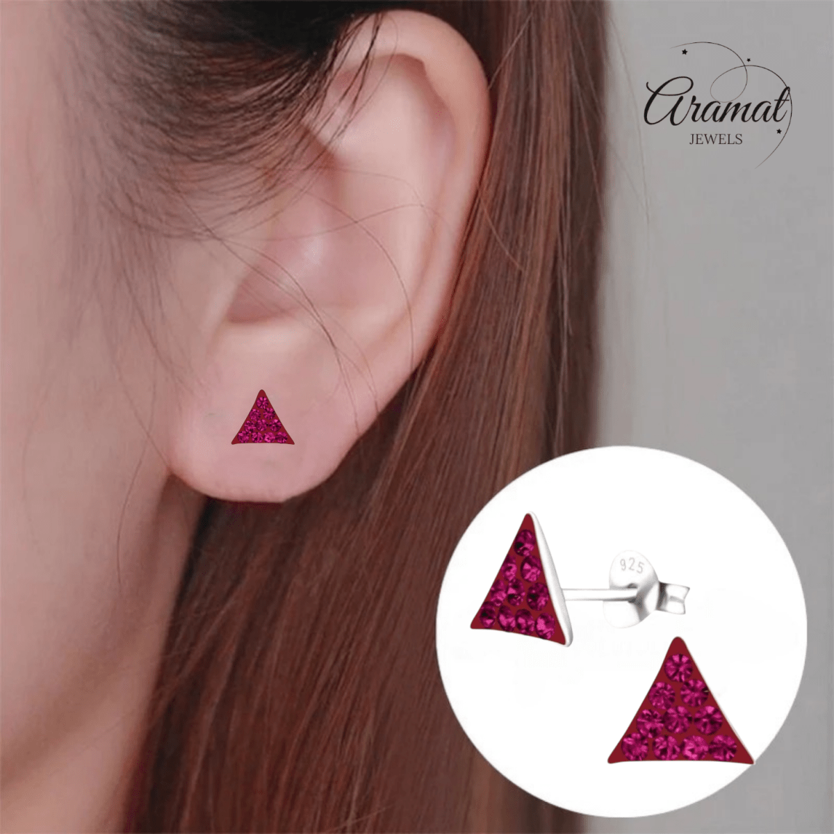 Zilveren oorstekers driehoek fuchsia roze kristal - Aramat Jewels - Oorbellen - cadeautip