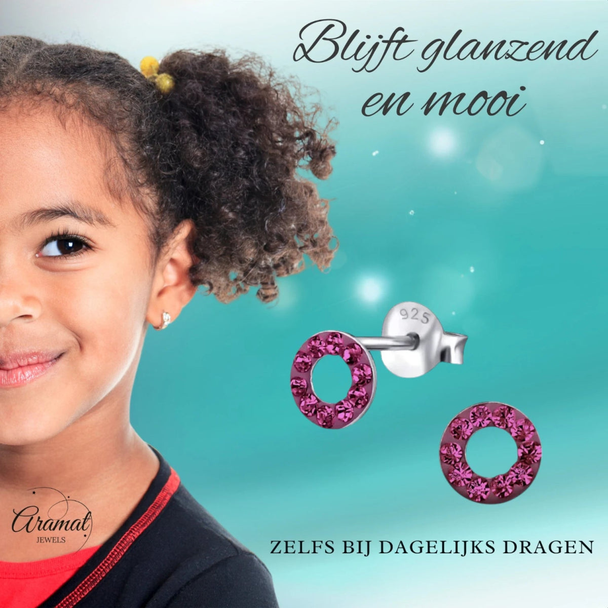 Zilveren open cirkel oorbellen felroze kristal - Aramat Jewels - Oorbellen - cadeautip