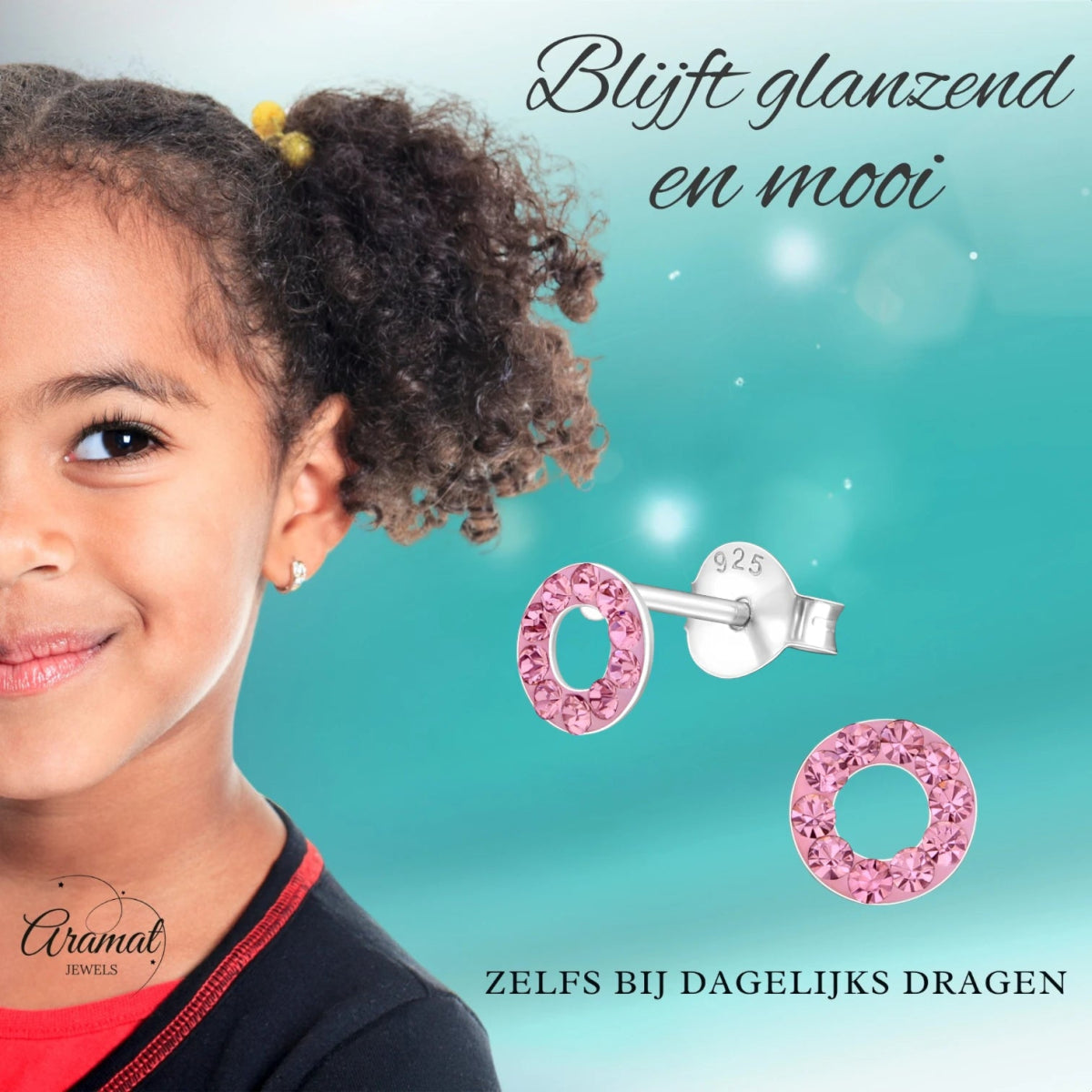 Zilveren open cirkel oorbellen lichtroze kristal - Aramat Jewels - Oorbellen - cadeautip