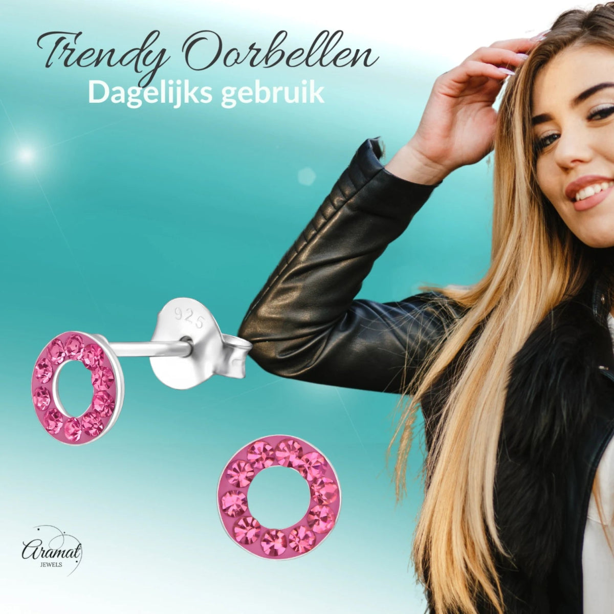Zilveren open cirkel oorbellen roze kristal - Aramat Jewels - Oorbellen - cadeautip