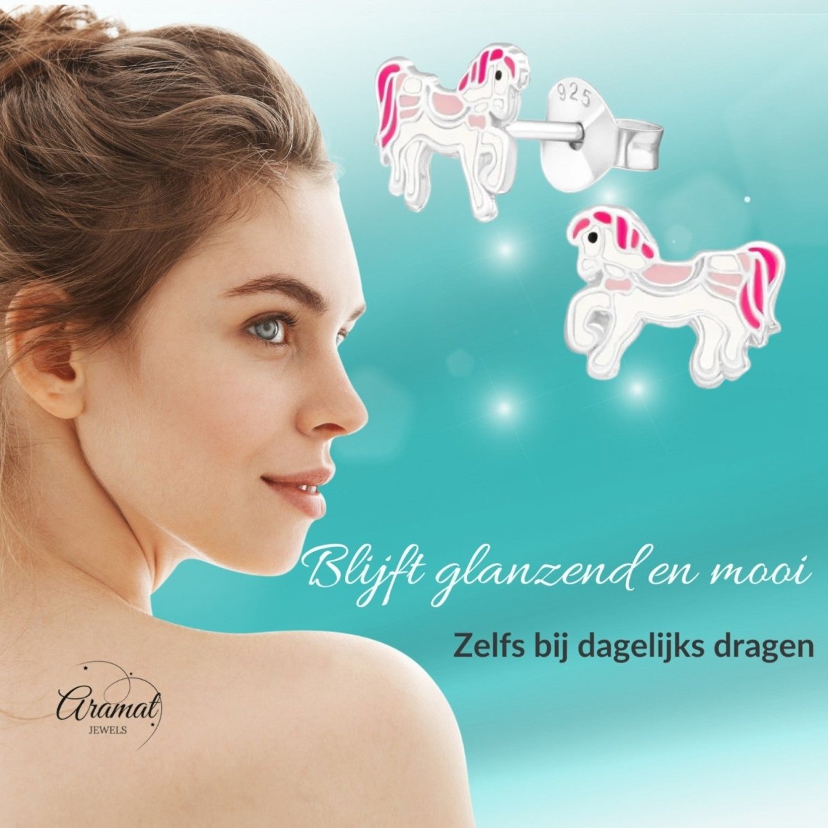 Zilveren Paarden Oorbellen - Wit/Roze Emaille - Aramat Jewels - Oorbellen - cadeautip