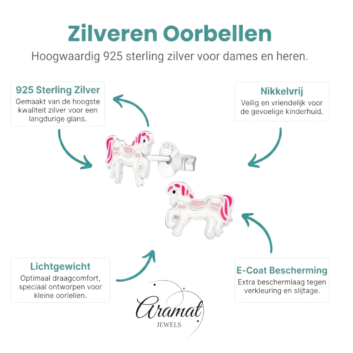 Zilveren Paarden Oorbellen - Wit/Roze Emaille - Aramat Jewels - Oorbellen - cadeautip