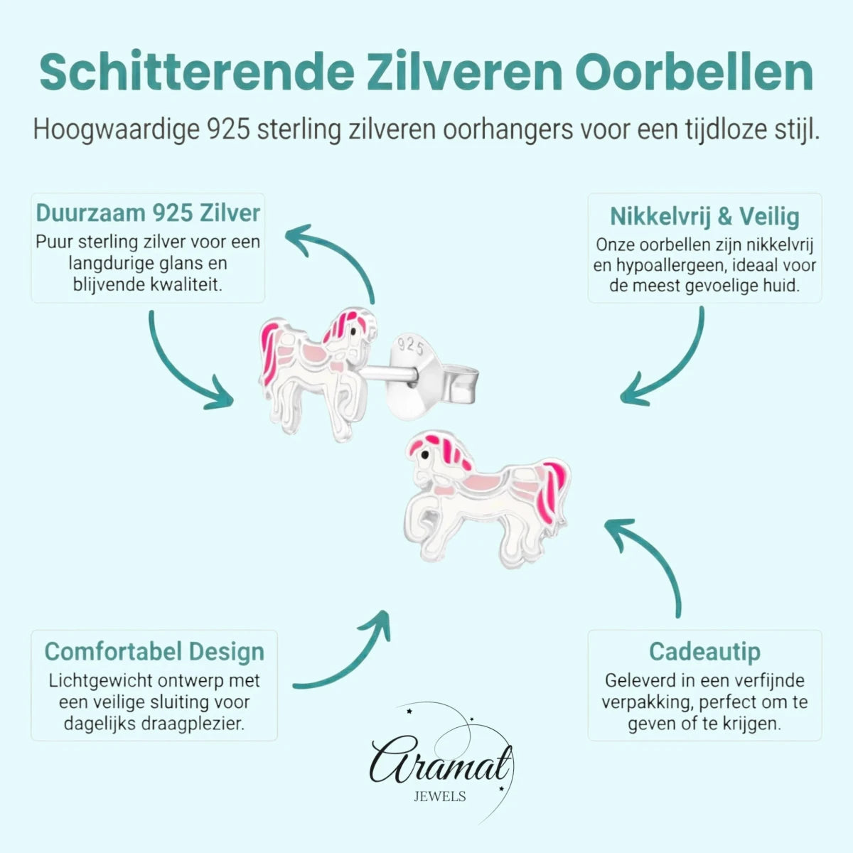Zilveren Paarden Oorbellen - Wit/Roze Emaille - Aramat Jewels - Oorbellen - cadeautip