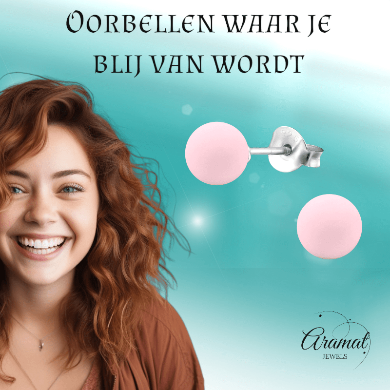 Zilveren Parel Oorbellen - Mat Poeder Roze - 8mm - oor3494 - 31180 - Oorbellen kopen