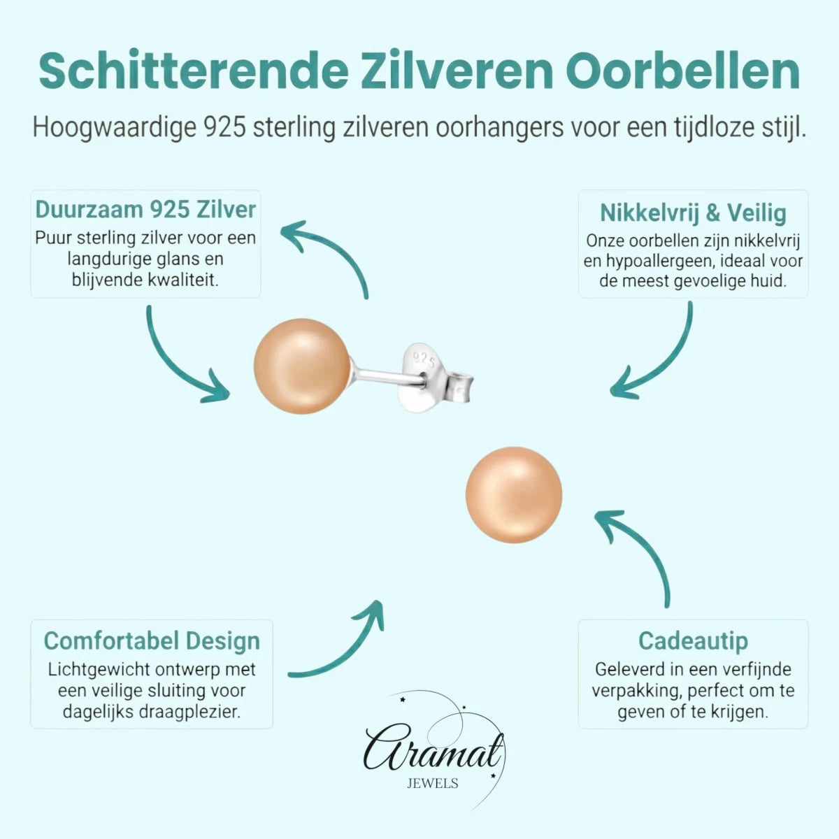 Zilveren Pareloorbellen - Licht Zalmkleurig - 6mm - Aramat Jewels - Oorbellen - cadeautip