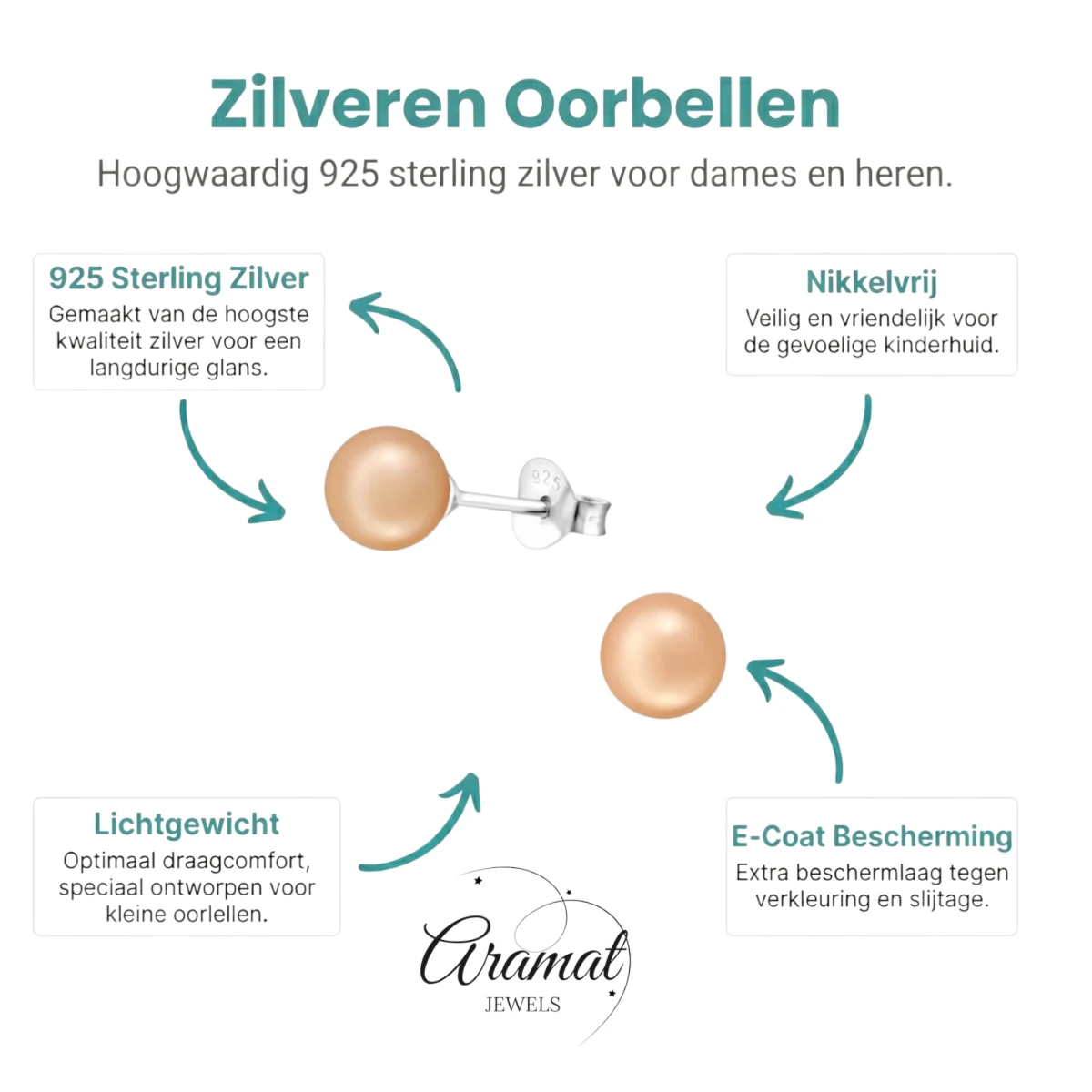 Zilveren Pareloorbellen - Licht Zalmkleurig - 6mm - Aramat Jewels - Oorbellen - cadeautip