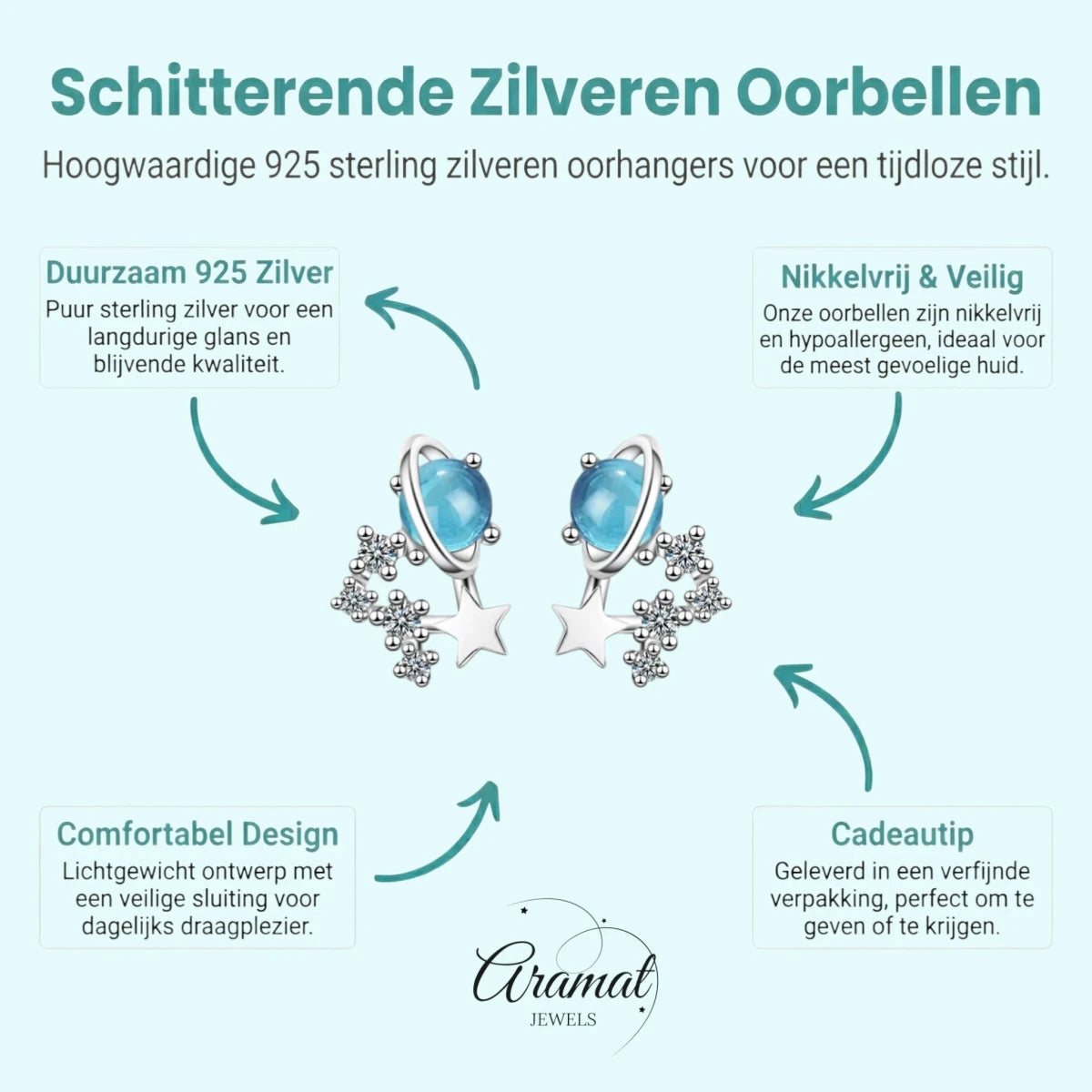 Zilveren Planeet Oorbellen met Blauwe Kristallen - Aramat Jewels - Oorbellen - cadeautip