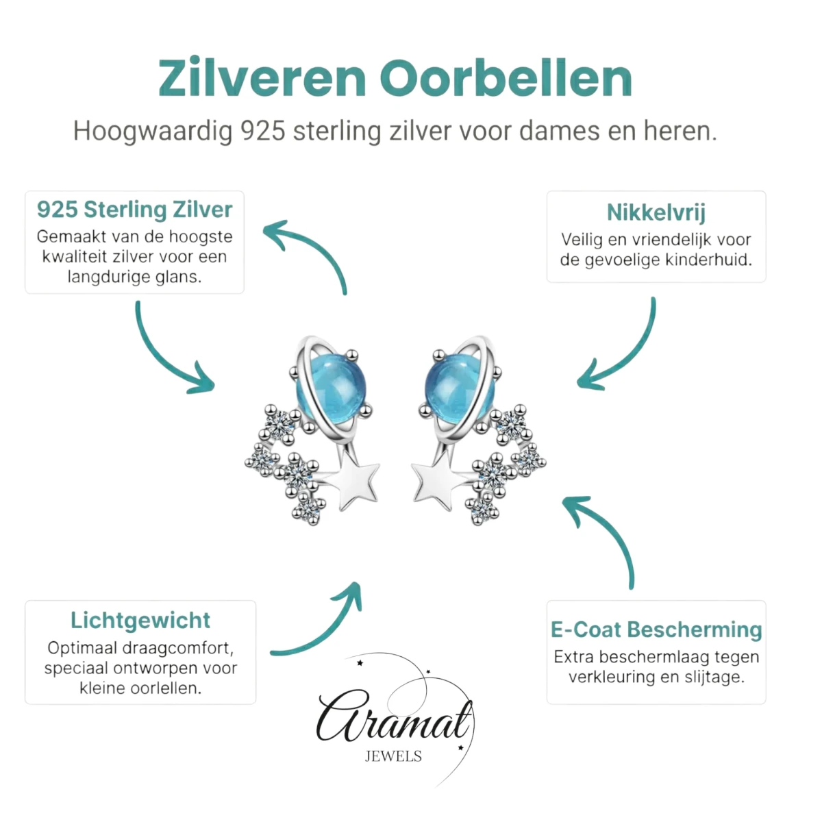 Zilveren Planeet Oorbellen met Blauwe Kristallen - Aramat Jewels - Oorbellen - cadeautip