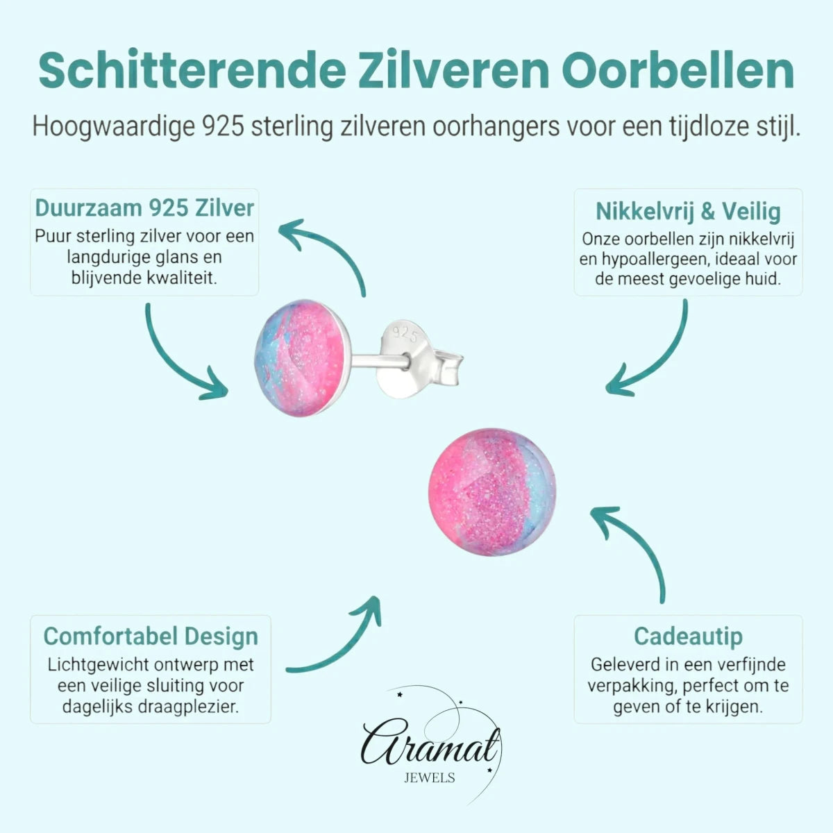 Zilveren Ronde Oorbellen met Blauwe en Roze Kristallen - Aramat Jewels - Oorbellen - cadeautip
