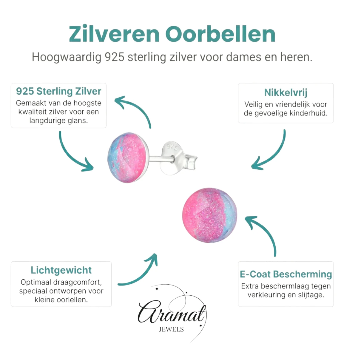 Zilveren Ronde Oorbellen met Blauwe en Roze Kristallen - Aramat Jewels - Oorbellen - cadeautip