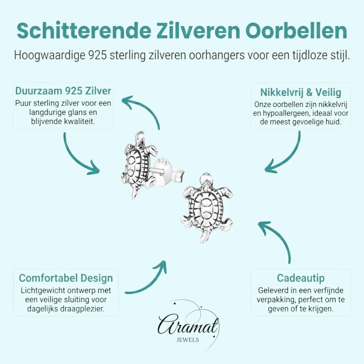Zilveren Schildpad Oorbellen Geoxideerd - Aramat Jewels - Oorbellen - cadeautip