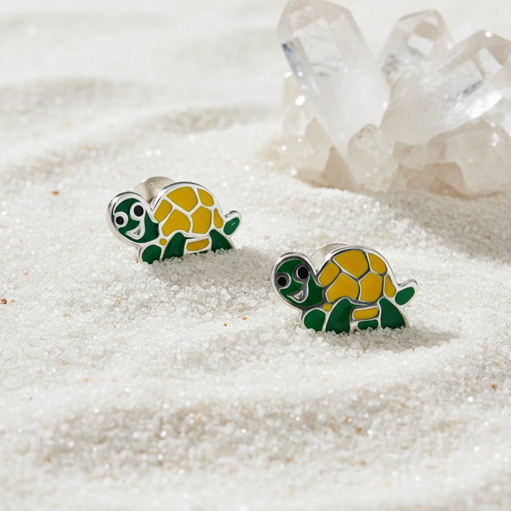 Zilveren Schildpad Oorbellen - Groen en Geel Emaille - Aramat Jewels - Oorbellen - cadeautip