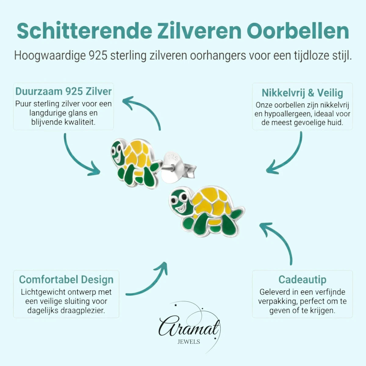 Zilveren Schildpad Oorbellen - Groen en Geel Emaille - Aramat Jewels - Oorbellen - cadeautip