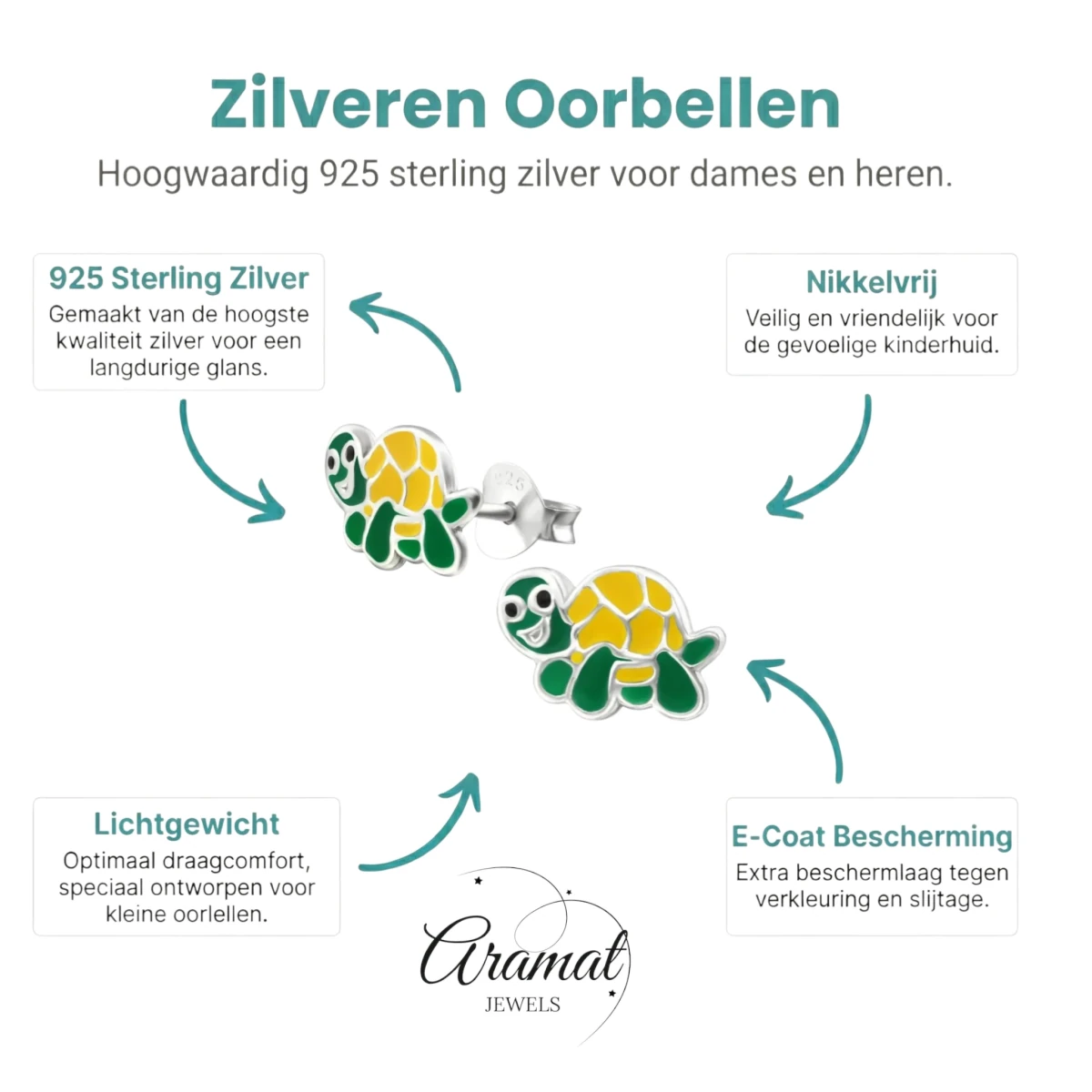 Zilveren Schildpad Oorbellen - Groen en Geel Emaille - Aramat Jewels - Oorbellen - cadeautip