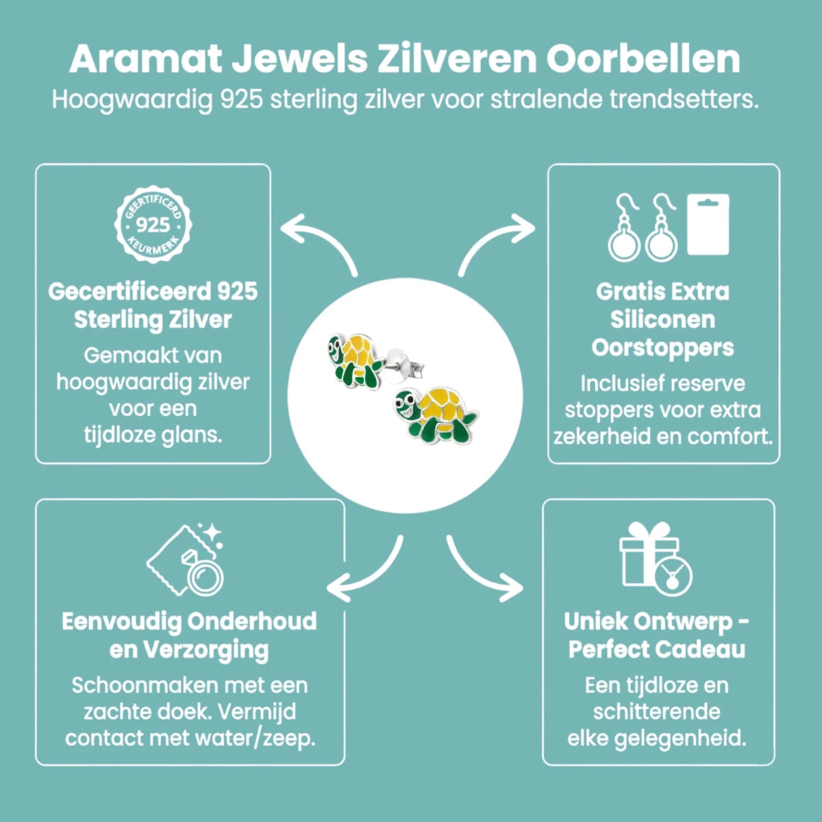Zilveren Schildpad Oorbellen - Groen en Geel Emaille - Aramat Jewels - Oorbellen - cadeautip