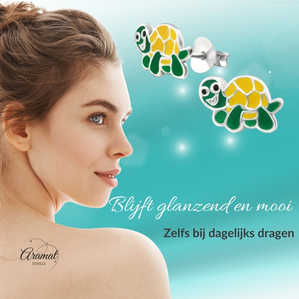 Zilveren Schildpad Oorbellen - Groen en Geel Emaille - Aramat Jewels - Oorbellen - cadeautip