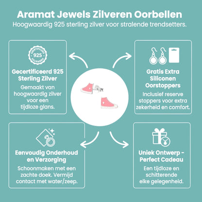 Zilveren Sneaker Oorbellen met Roze en Witte Glitter Emaille – 10x6mm - Aramat Jewels - Oorbellen - cadeautip