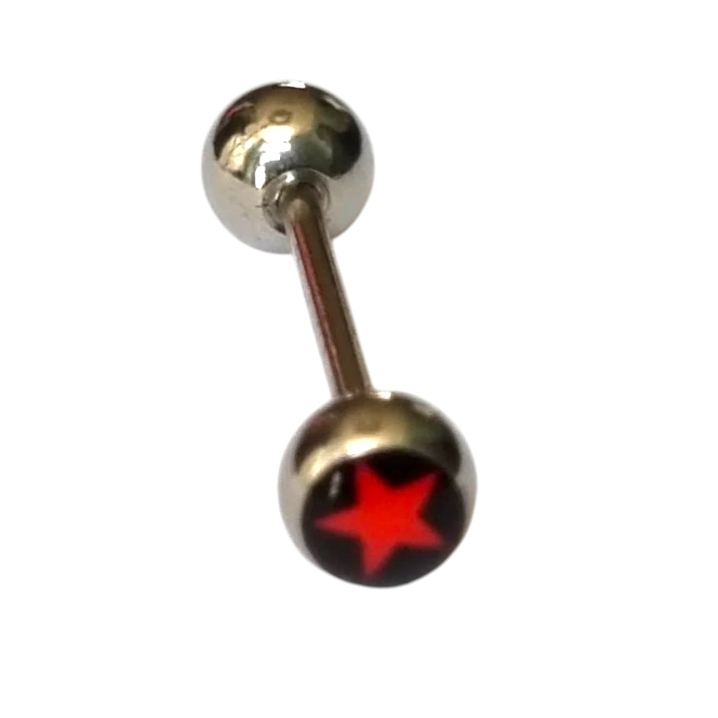 Een paar rode ster piercings op een witte achtergrond