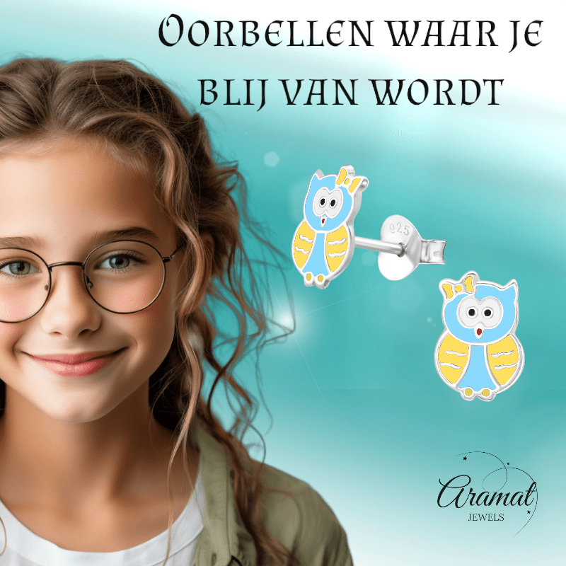 Zilveren Uiltjes Oorbellen - Blauw/Geel Emaille - oor873 - 29621 - Oorbellen kopen