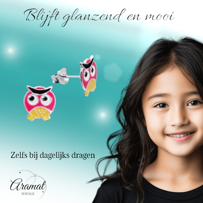 Zilveren Uiltjes Oorbellen - Geel/Roze Emaille - Cadeautip - oor413 - Oorbellen kopen