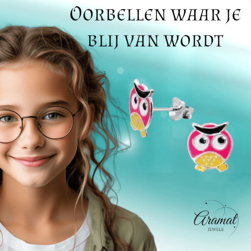 Zilveren Uiltjes Oorbellen - Geel/Roze Emaille - Cadeautip - oor413 - Oorbellen kopen