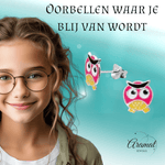 Zilveren Uiltjes Oorbellen - Geel/Roze Emaille - Cadeautip - oor413 - Oorbellen kopen