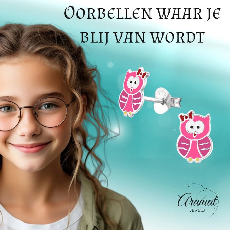 Zilveren Uiltjes Oorbellen Meisje – 925 Zilver – Roze & Donkerroze Emaille – 8x6mm – Kinder Oorstekers - oor885 - 26495 - Oorbellen kopen# - 8mm - 925 Zilver - alles
