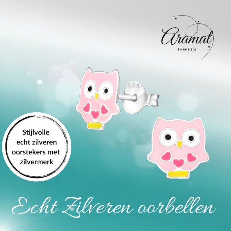 Zilveren Uiltjes Oorbellen - Roze Emaille - Cadeautje - oor936 - 16913 - Oorbellen kopen