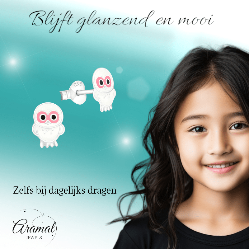 Zilveren Uiltjes Oorbellen - Wit/Roze Emaille - Cadeau - oor375 - 3683 - Oorbellen kopen